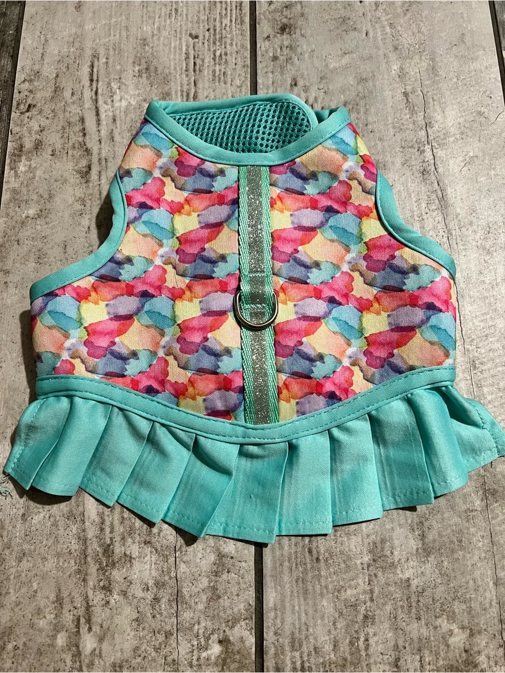 Aqua Multicolor Watercolor Print Ruffle Dog Harness Vest -Size Small